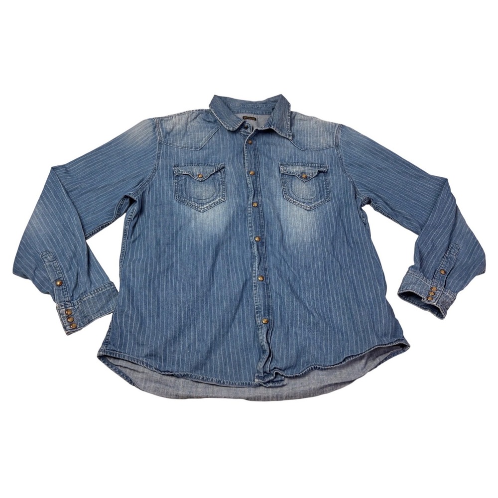 True Religion Mens Striped Denim Western Shirt XXXL XXXG Distressed Italy